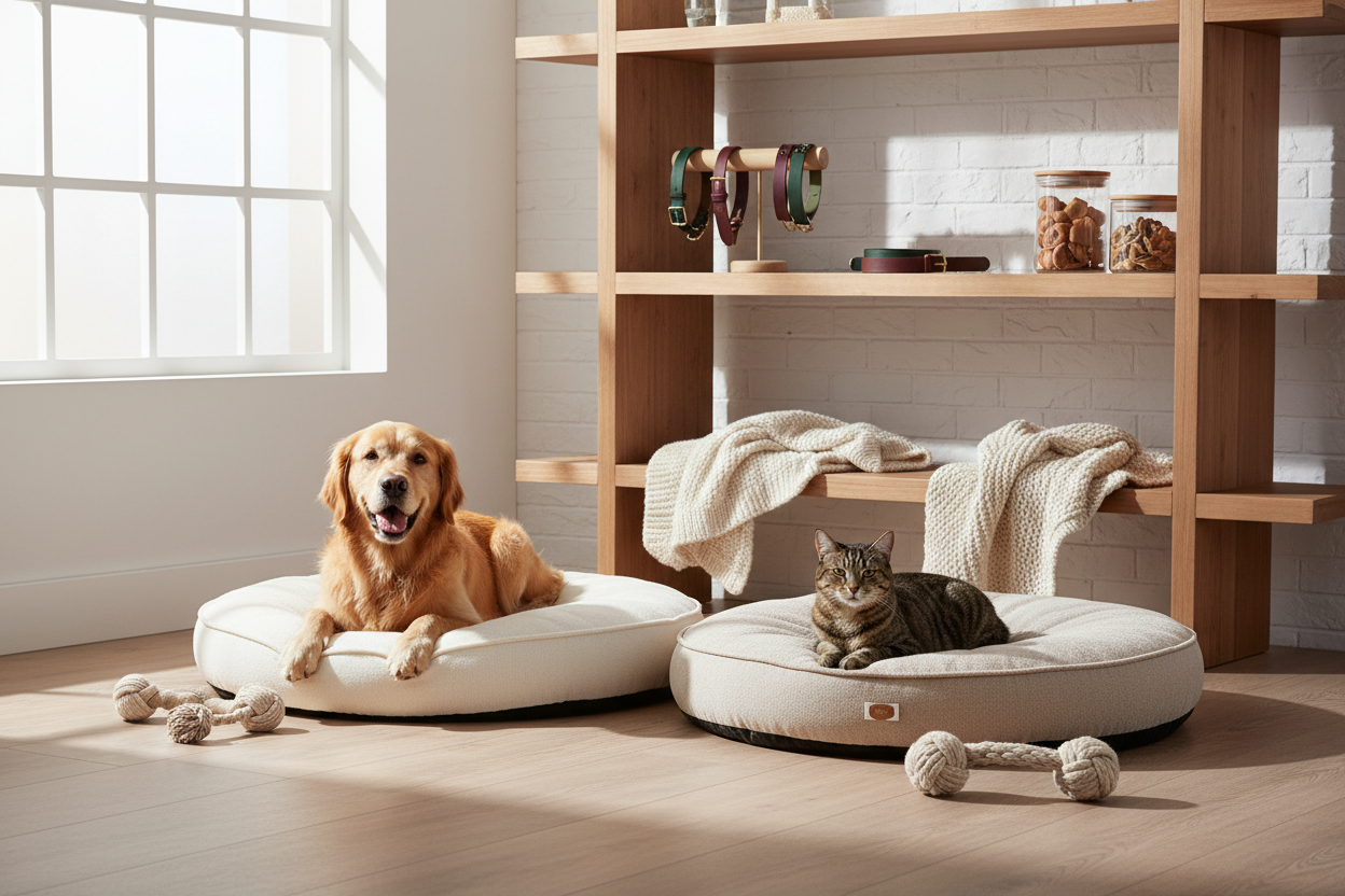 Create a high-quality, elegant image for a premium pet collection called "Pets Essentials". Show a cozy, luxurious indoor setting with a happy dog and cat lounging on soft, plush pet beds. Include stylish accessories such as designer collars, cozy blankets, gourmet treats, and a few toys neatly arranged. The atmosphere should feel warm, inviting, and upscale, with soft natural lighting and a clean, modern aesthetic. Style: realistic, bright, and cheerful, suitable for a pet e-commerce hero banner.
